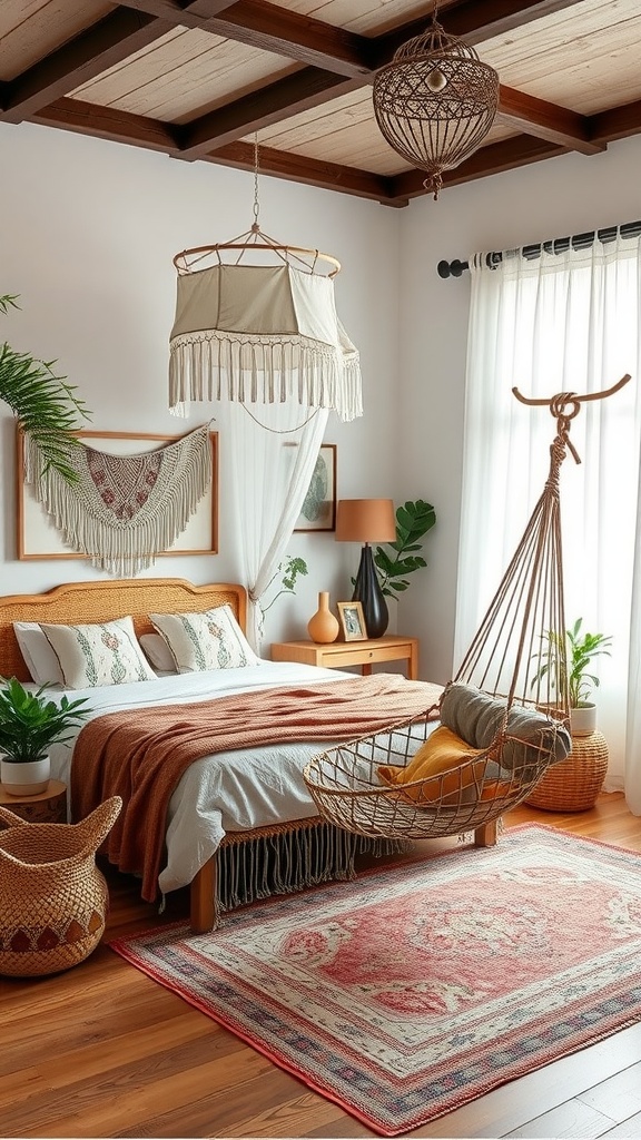 Cozy hammock chair in a Boho bedroom with a canopy bed, surrounded by warm tones and plants.