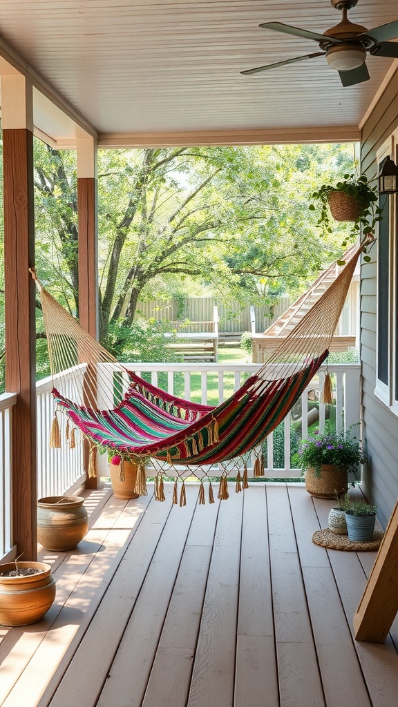 A colorful hammock with tassels hangs on a back porch surrounded by potted plants and greenery.