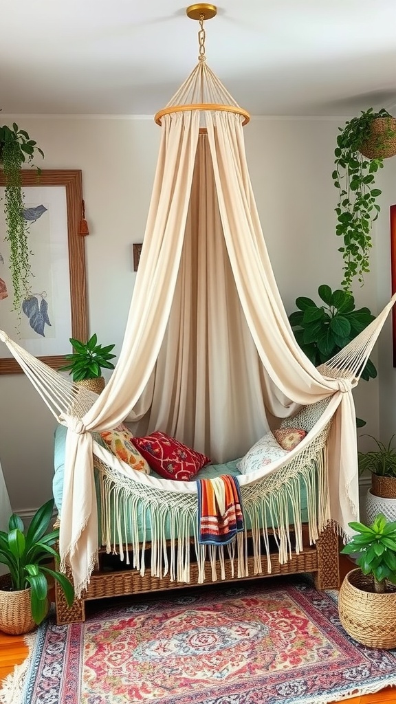 Cozy hammock with a canopy in a boho style bedroom, surrounded by plants and colorful textiles.