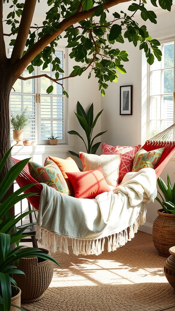 A cozy hammock in a boho style bedroom adorned with colorful pillows and a fringed throw, surrounded by green plants and natural light.