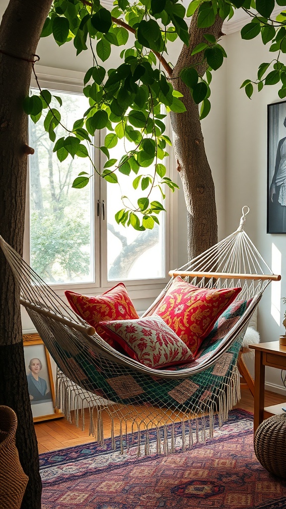 A cozy hammock with exotic pillows, set against a backdrop of greenery and sunlight.