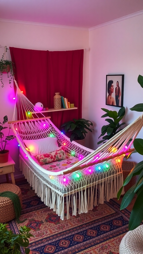 A cozy bedroom featuring a hammock decorated with colorful lights, surrounded by plants and a warm atmosphere.