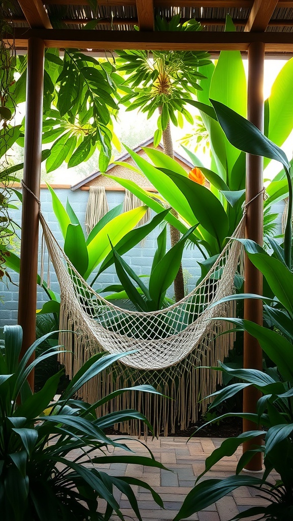 A cozy hammock surrounded by lush green plants in a boho style setting.