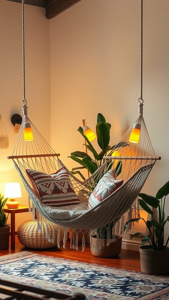 Cozy hammock with reading lights in a boho style bedroom, surrounded by plants and decorative elements.