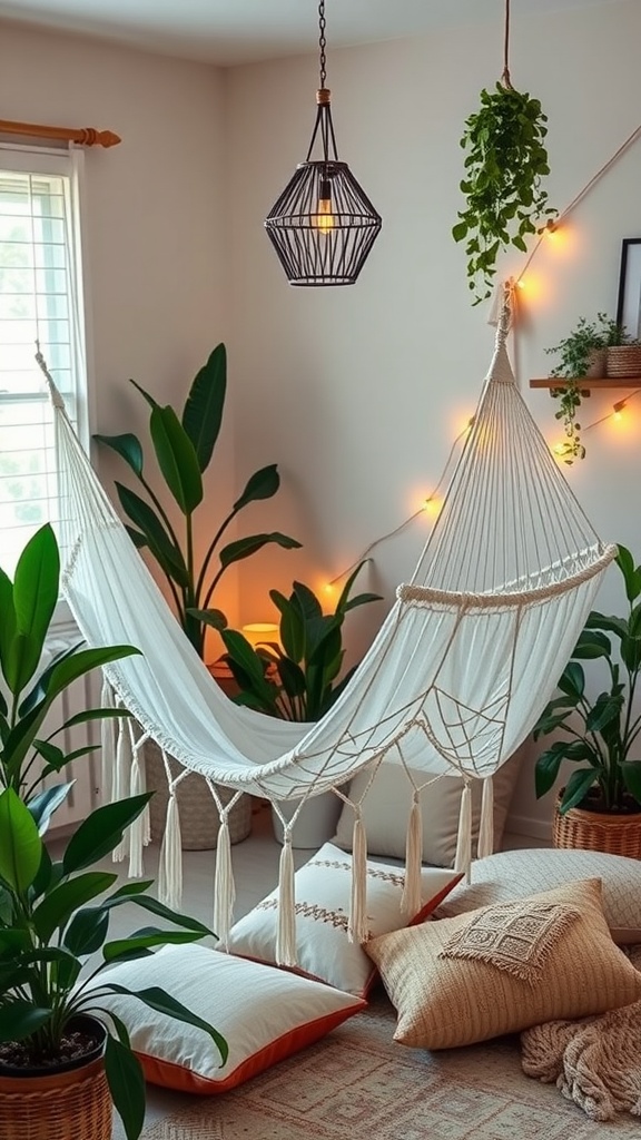 A cozy bedroom featuring a hammock with sheer drapery, surrounded by plants and decorative pillows.