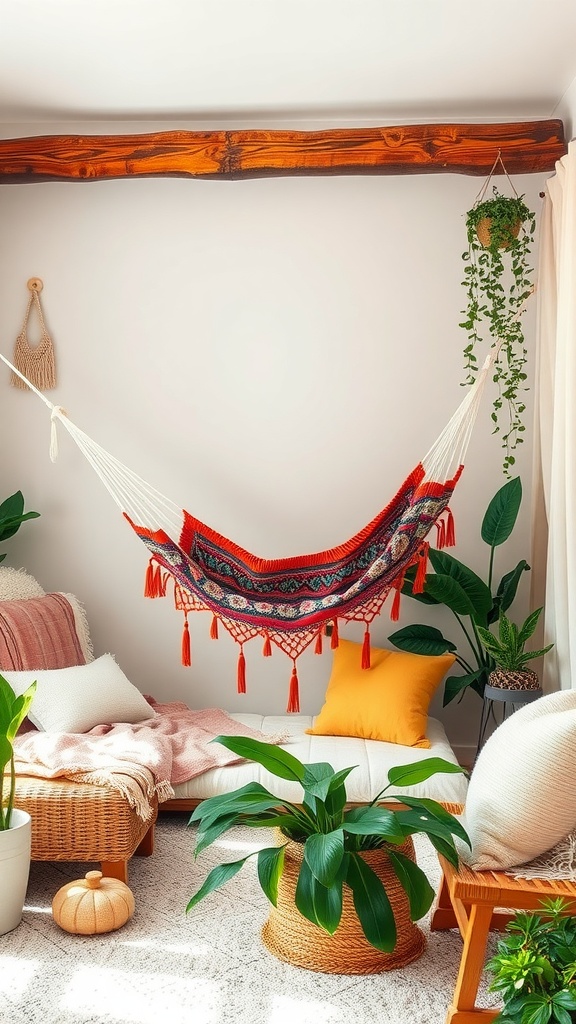 A cozy boho style bedroom featuring a colorful hammock with tribal accents, surrounded by plants and soft furnishings.