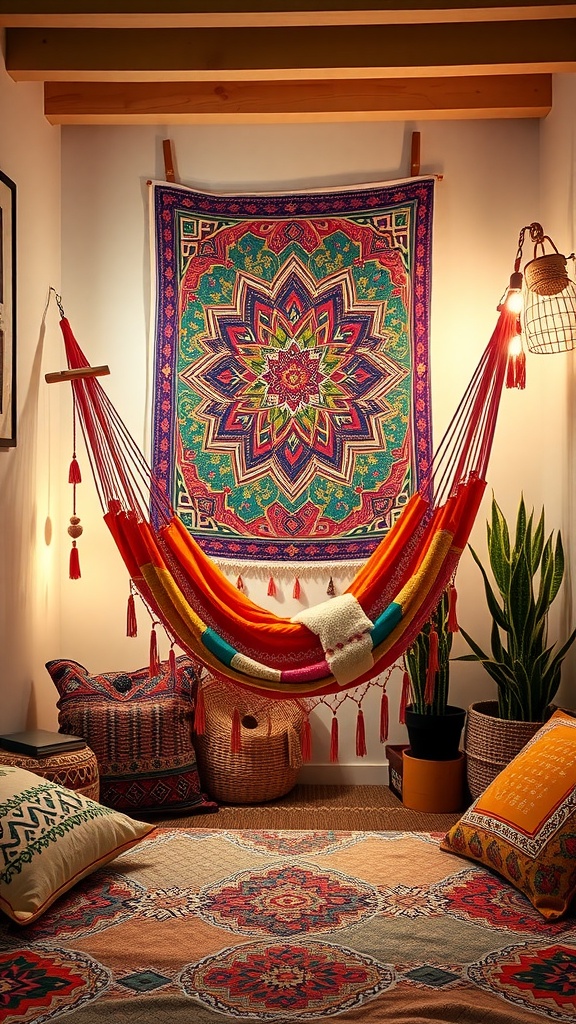 A colorful hammock with a vibrant wall tapestry in a boho style bedroom, surrounded by patterned cushions and plants.