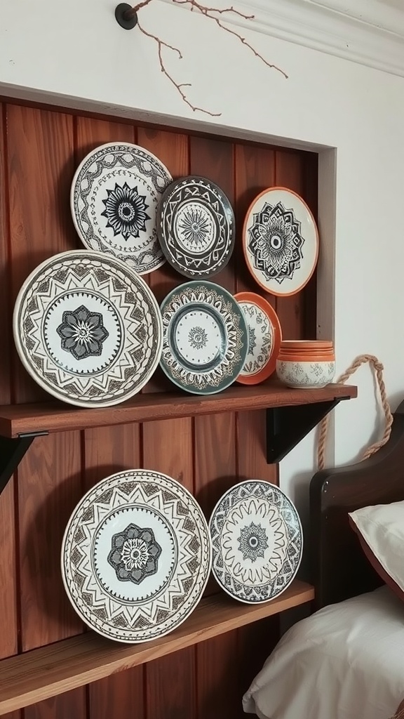 A collection of hand-painted ceramic plates displayed on a wooden shelf in a boho-themed bedroom.