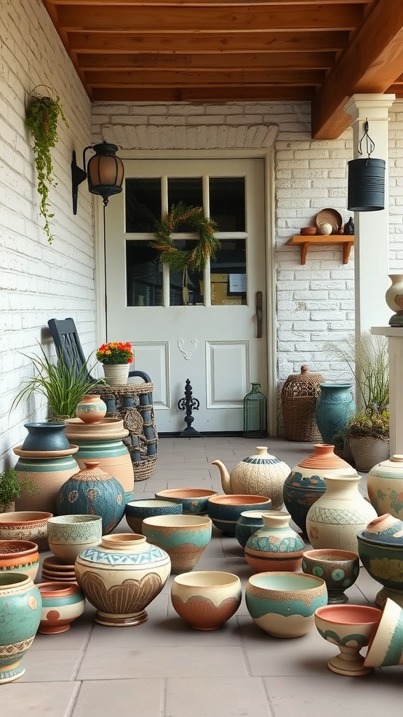 A variety of handcrafted ceramic pottery displayed on a porch.