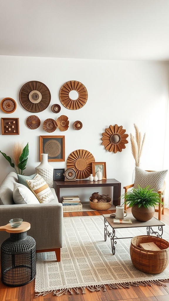 Cozy farmhouse living room with handcrafted decor, including woven wall hangings and natural textures.