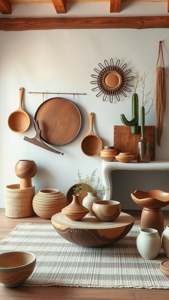 A collection of handcrafted wooden bowls, utensils, and woven baskets displayed in a cozy living room setting.