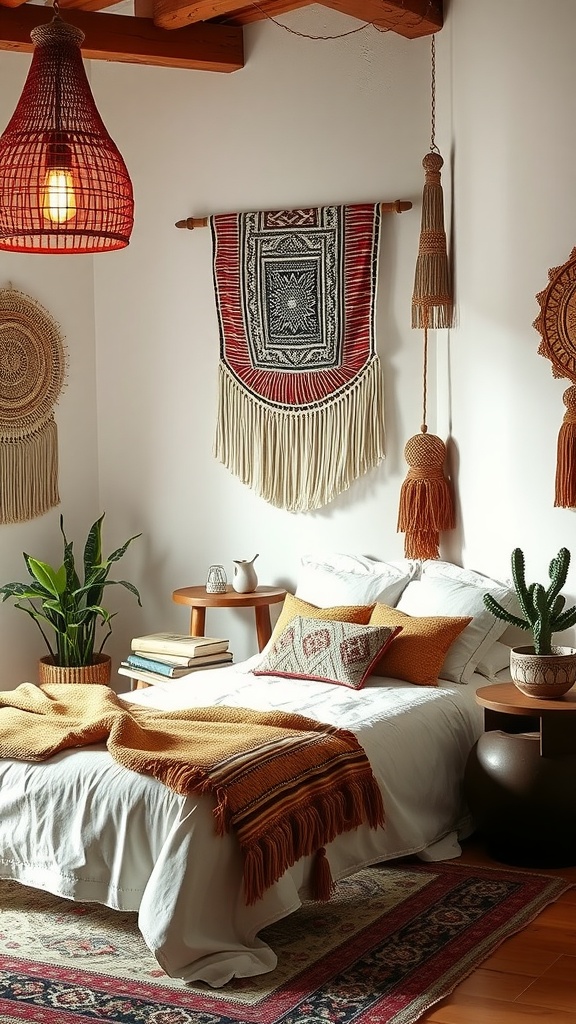 A stylish bohemian bedroom featuring handcrafted elements like wall hangings, decorative pillows, and plants.