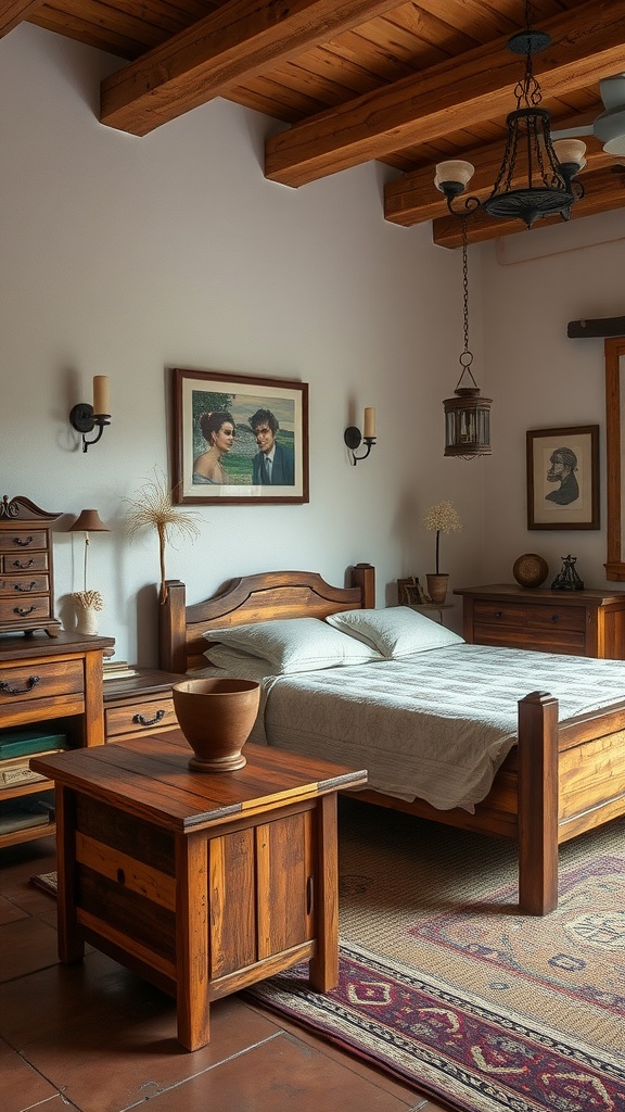 A rustic bedroom featuring handcrafted wooden furniture, warm tones, and decorative elements.