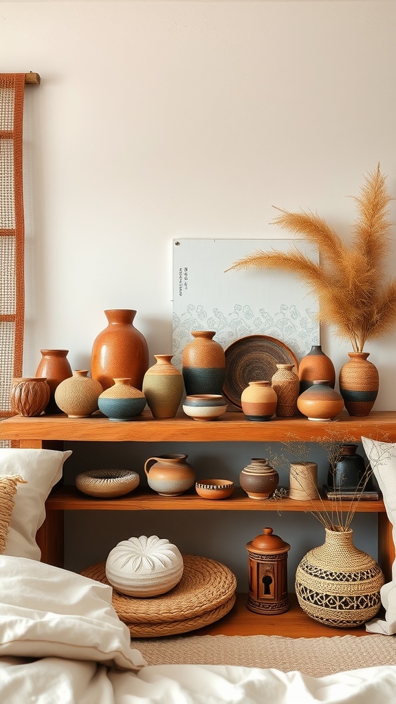 An arrangement of handcrafted pottery in various shapes and colors on a wooden shelf