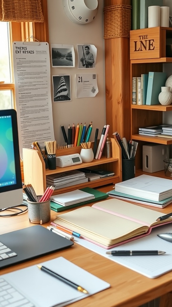A cozy wooden organizer filled with stationery, placed on a desk with a computer and notebooks.