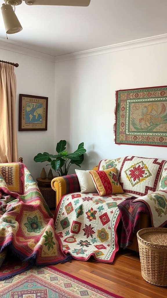 Cozy living room with handmade quilts on a couch and decorative elements