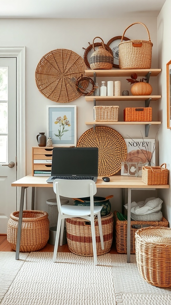 A cozy home office setup featuring handwoven baskets for storage.