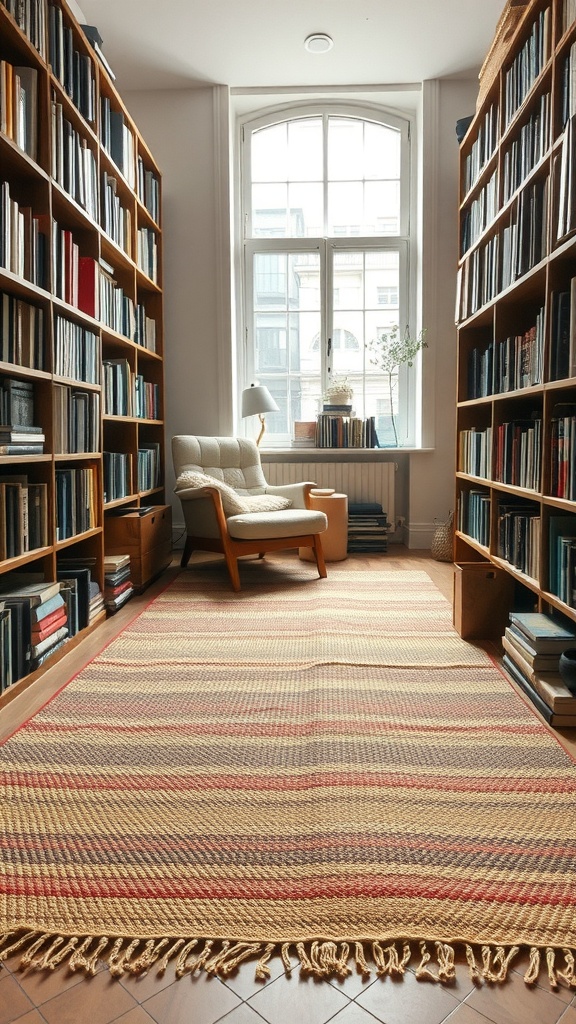 A cozy library featuring shelves filled with books and a handwoven rug on the floor.