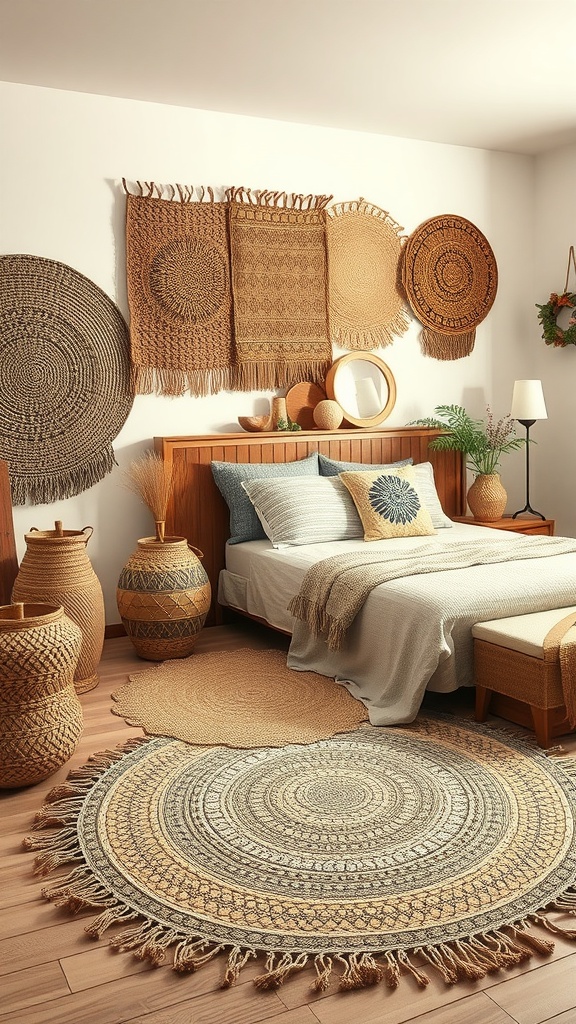 A cozy bedroom featuring handwoven jute rugs, showcasing unique patterns and earthy tones.