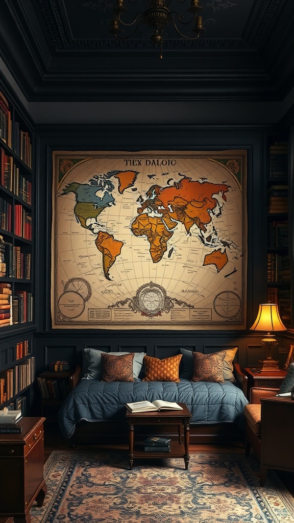 A cozy Dark Academia bedroom featuring a vintage map on the wall, a plush sofa, and bookshelves.