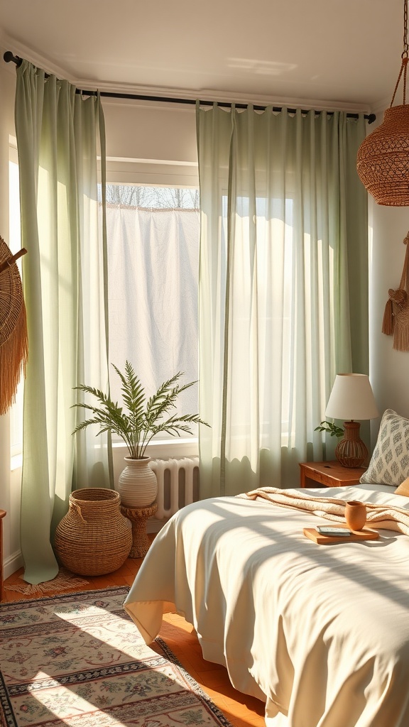 A softly lit bedroom featuring sage green curtains, a cozy bed, and boho decor elements.