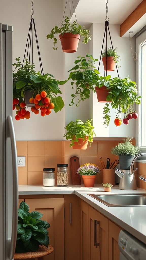 A small kitchen featuring hanging baskets with herbs and small fruits, adding greenery and color.