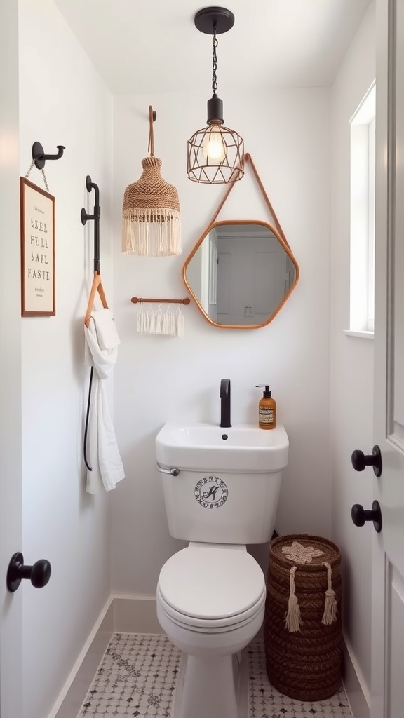 Cozy bathroom with hanging fixtures and boho decor elements