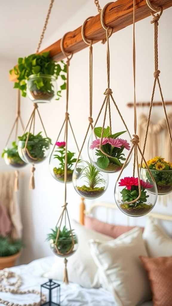 Hanging glass terrariums with colorful plants in a boho bedroom