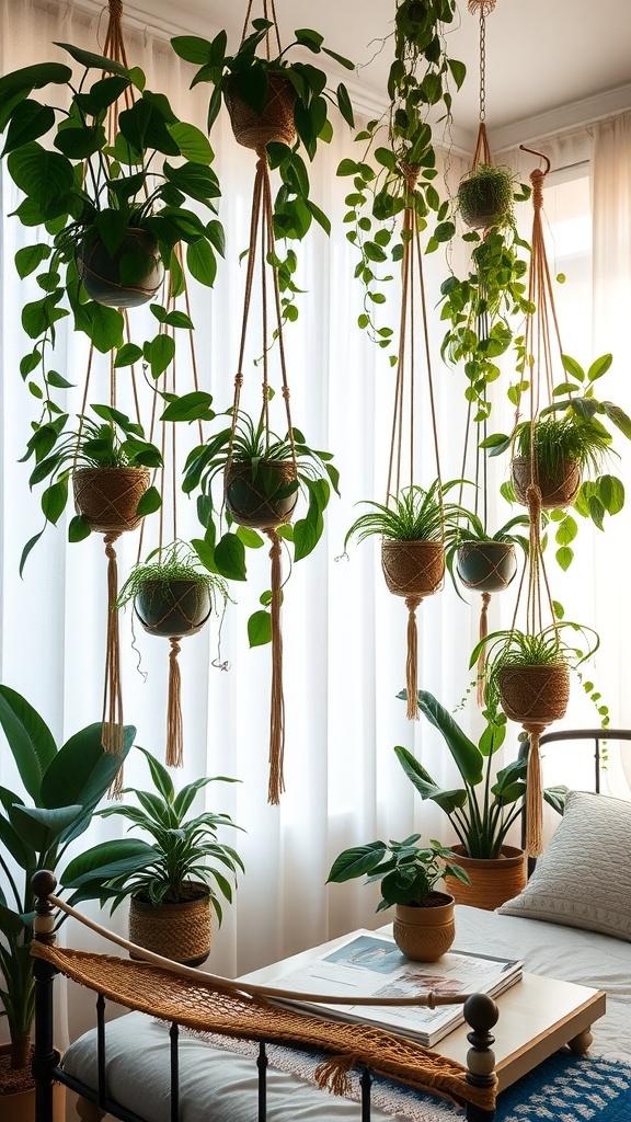 A cozy bedroom with multiple hanging plants in macramé planters, illuminated by soft natural light