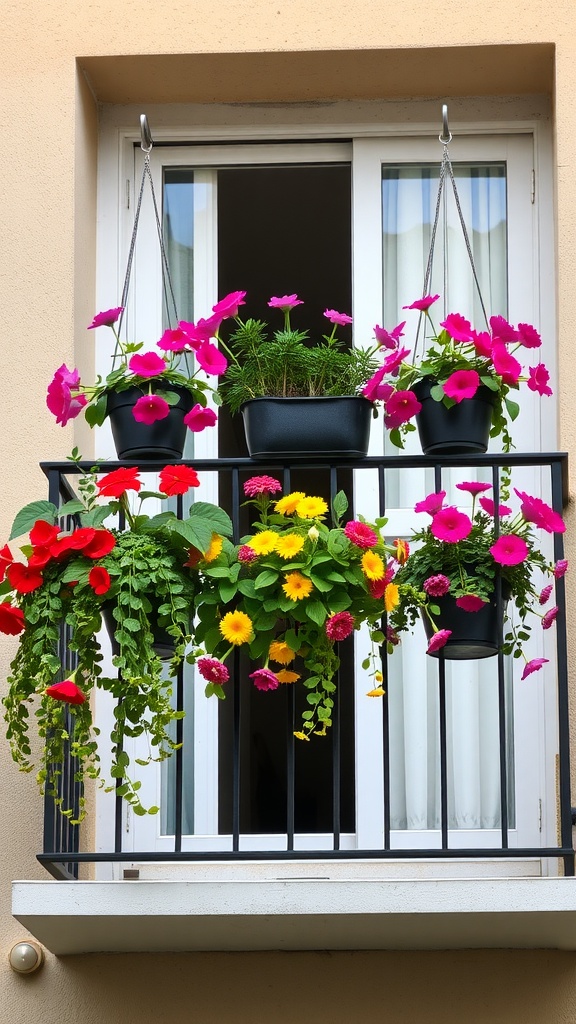Colorful hanging planters with flowers on a small balcony
