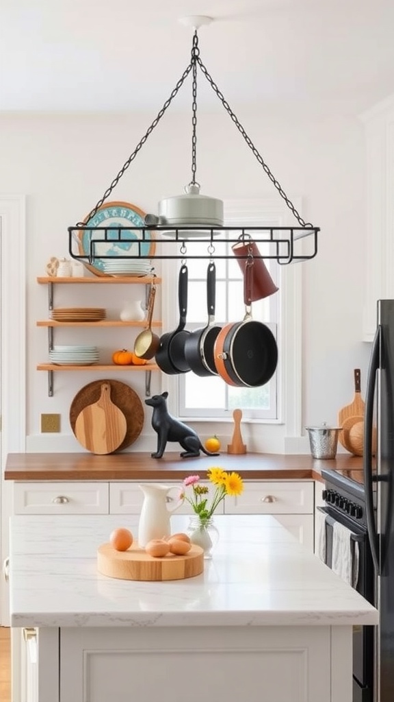 A stylish kitchen featuring a black hanging pot rack, pots and pans, and open shelves.