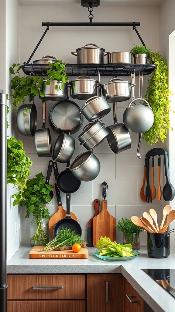 A small kitchen featuring a hanging pot rack with various pots and pans, surrounded by greenery and cooking utensils.