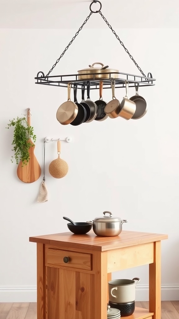 A hanging pot rack with various pots and pans, suspended from the ceiling, above a wooden kitchen table.