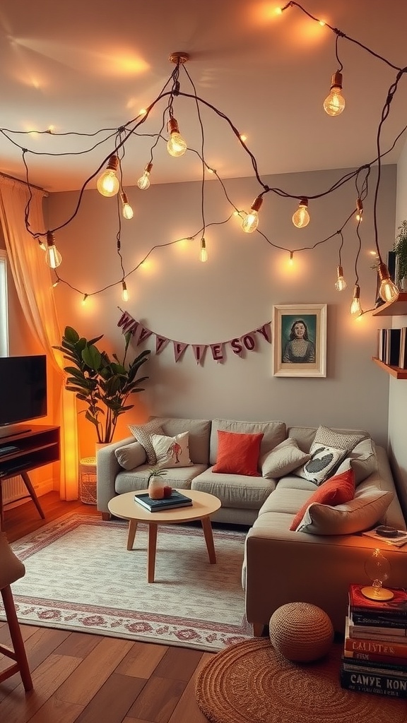 A cozy living room with warm hanging string lights, a comfortable sofa, and a welcoming atmosphere.
