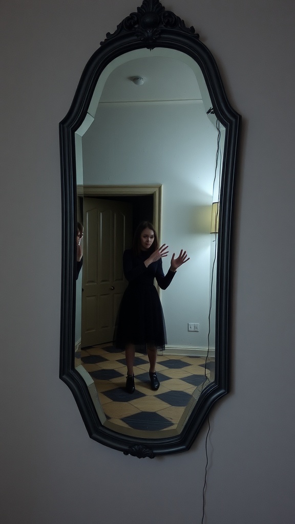 A woman in dark clothing poses in front of a large ornate mirror, reflecting a whimsical gothic aesthetic.