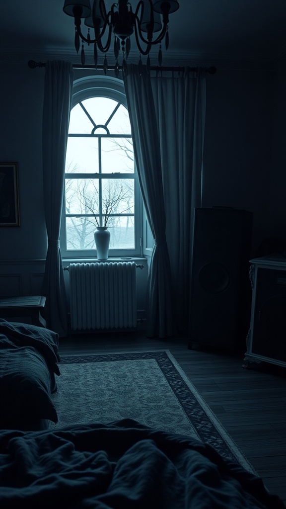 A dimly lit gothic bedroom with soft furnishings and a window revealing bare tree branches outside.