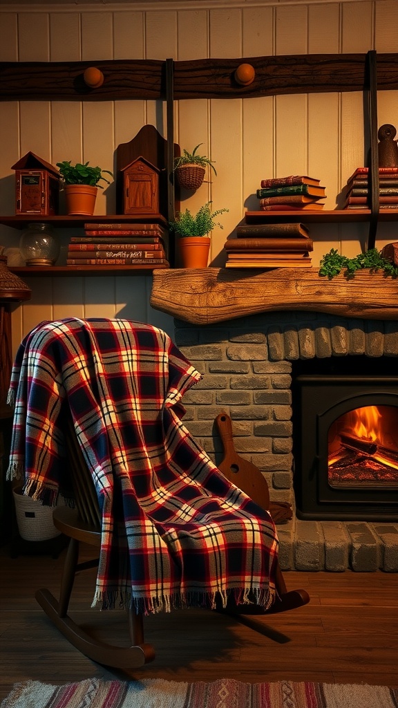 Cozy interior with a plaid blanket on a rocking chair beside a glowing fireplace