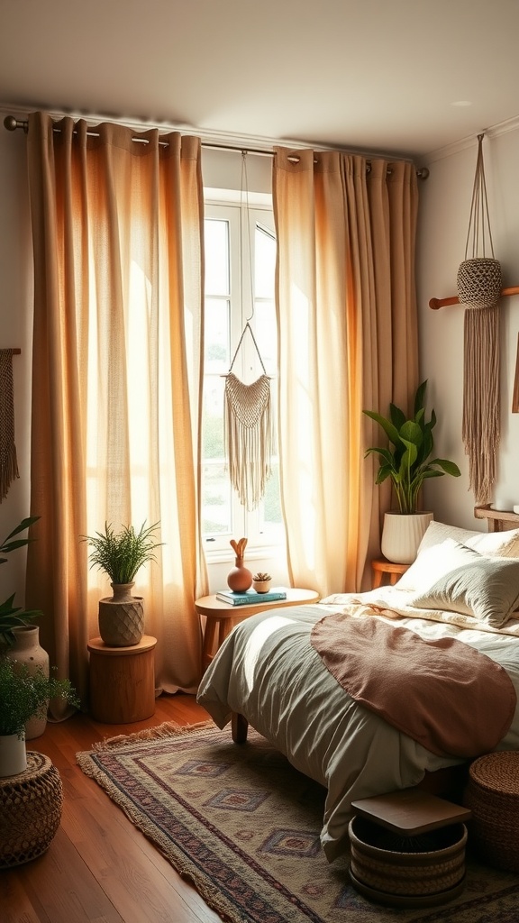 A boho themed bedroom featuring heavy linen drapes in warm tones, complemented by natural decor elements.