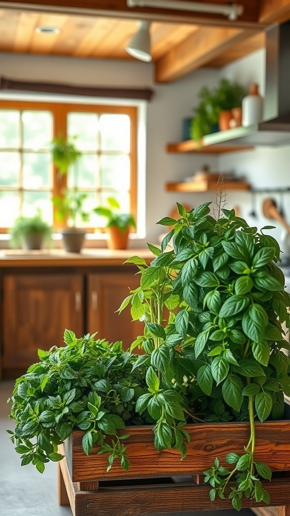 A vibrant herb garden featuring basil and mint in a wooden planter in a rustic modern kitchen