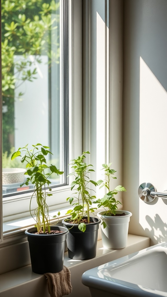 Three herb planters in black and white pots on a windowsill with sunlight streaming in.