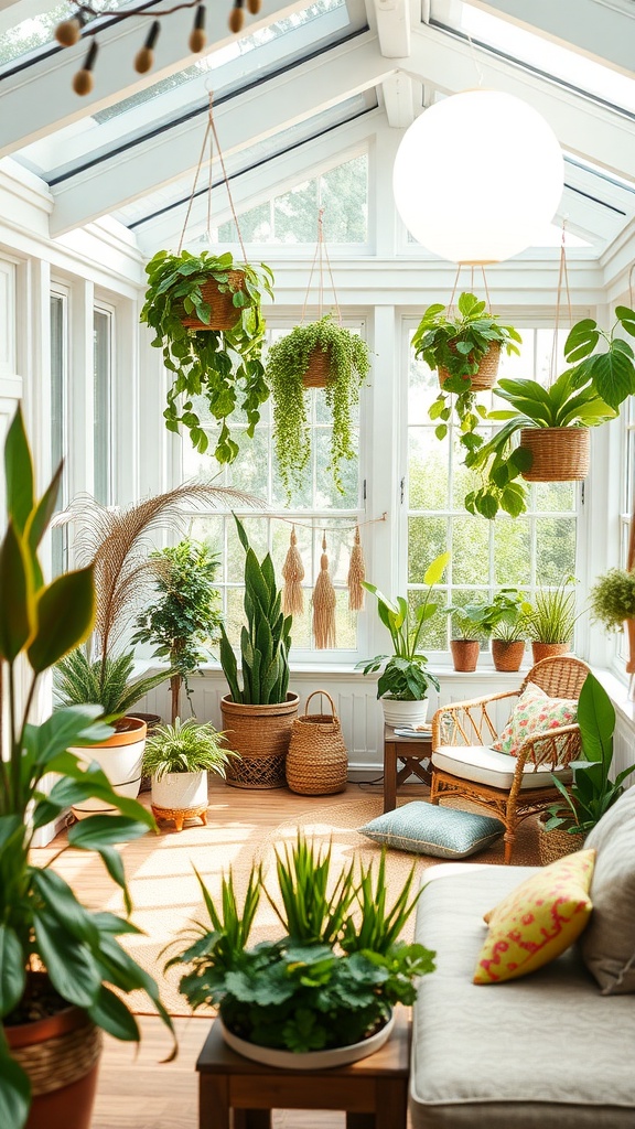 A beautifully designed boho style sunroom filled with various hanging and potted plants, featuring a cozy seating area.