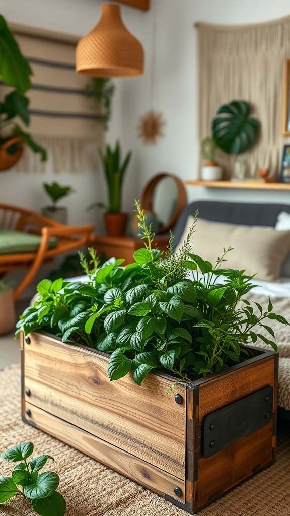 A wooden herbal planter box filled with lush green herbs in a stylish bedroom setting.