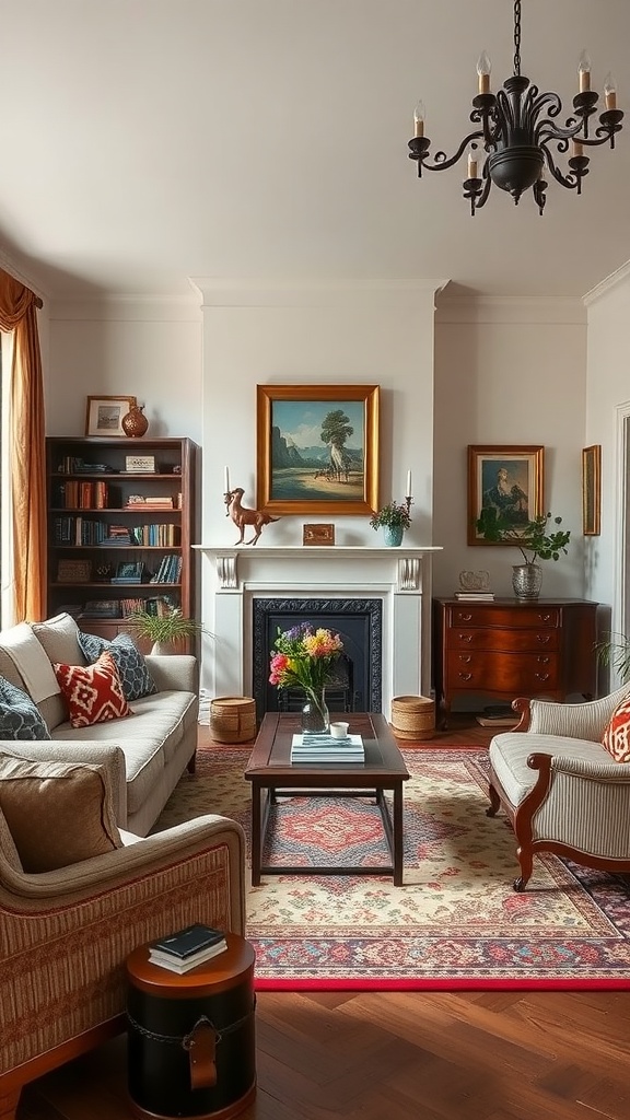 A cozy old-world aesthetic living room featuring a sofa, armchairs, a coffee table, and vintage decor.