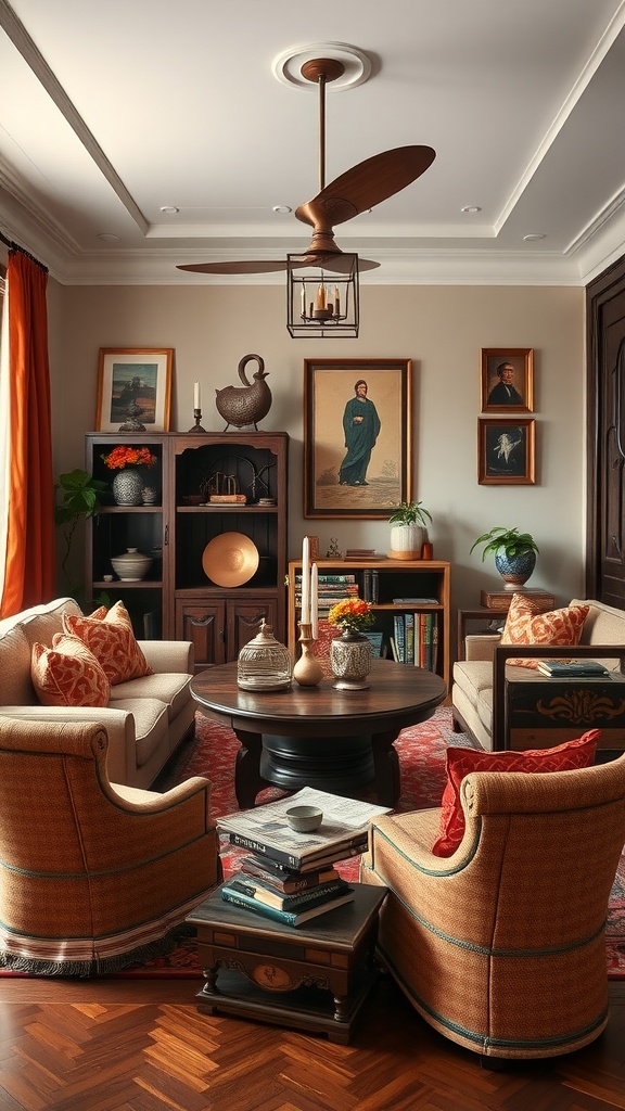 Cozy living room dining room combo with heritage-inspired decor and cultural accents.