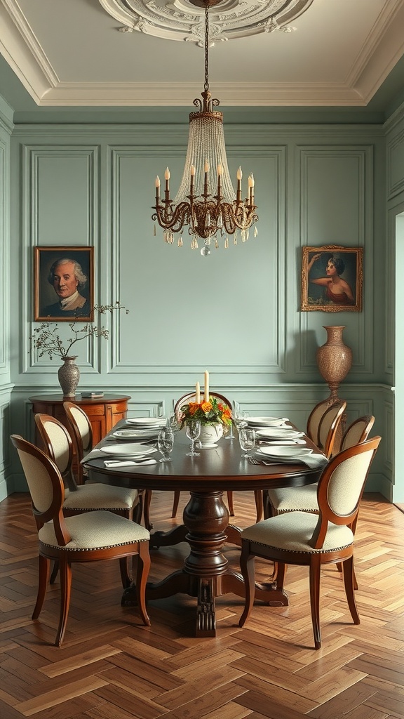 Elegant dining room with blue-green walls, wooden furniture, chandelier, and classic artwork