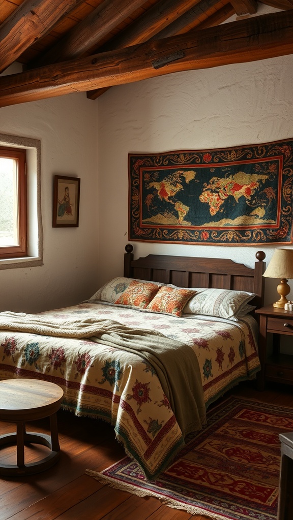 A cozy rustic bedroom with a patterned quilt on the bed and a vintage textile map hanging on the wall.