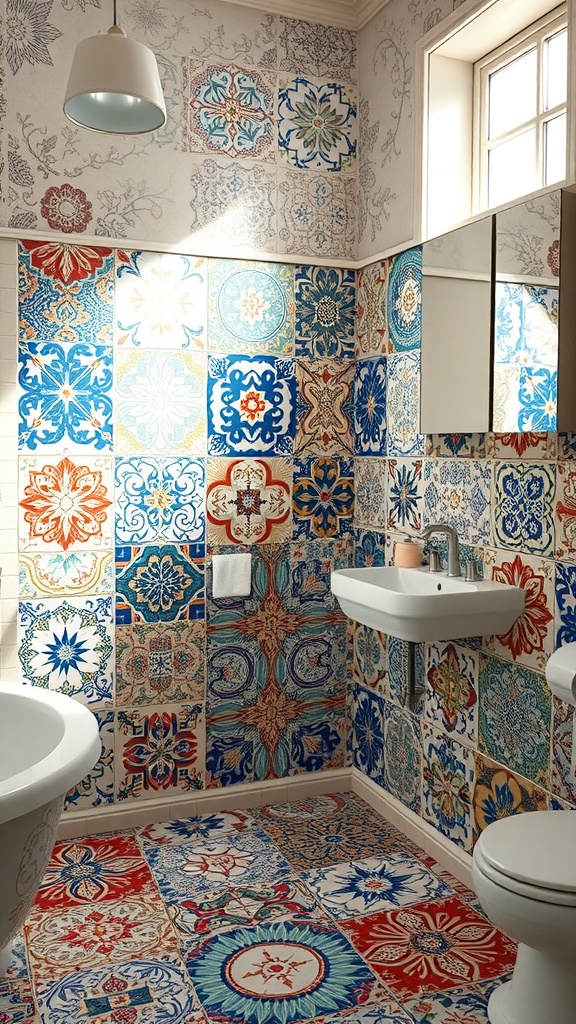 A bathroom decorated with colorful heritage tiles on the walls and floor, featuring intricate patterns in blue, red, and white.