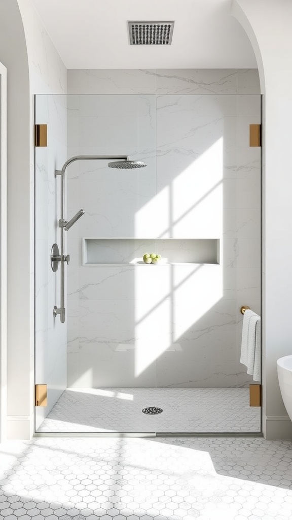 Walk in shower featuring hexagonal tiles and a half wall.