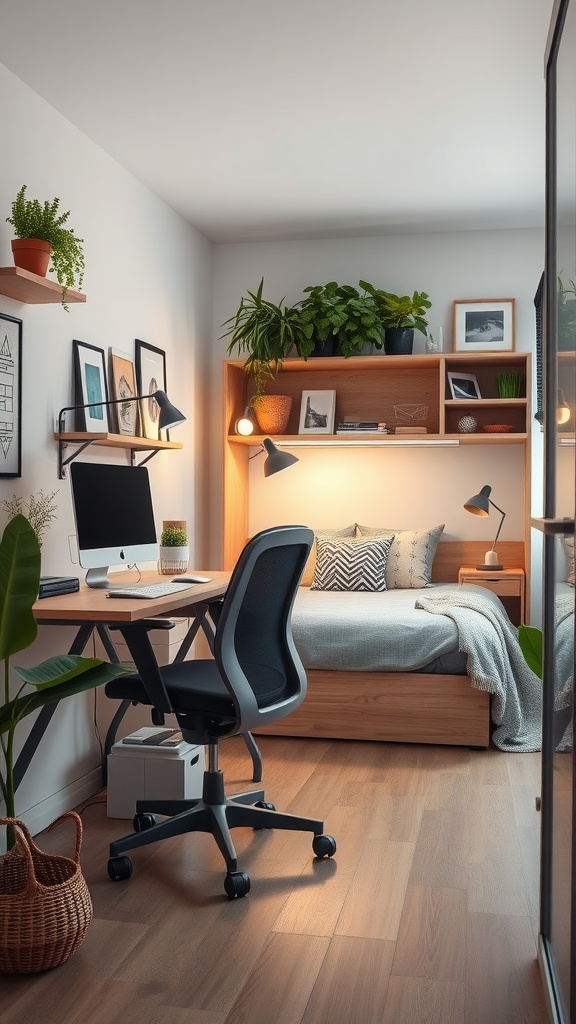 A cozy home office featuring a hidden bed, desk, and plants
