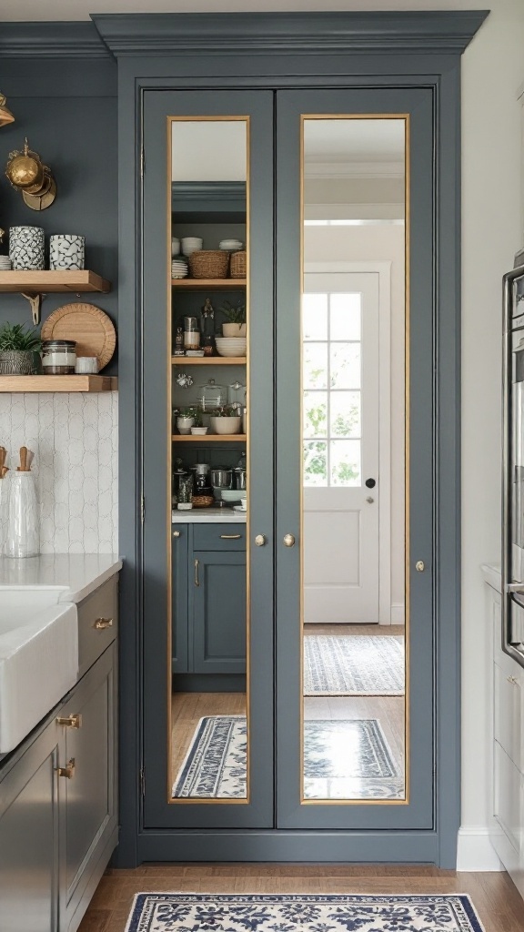 A hidden pantry door with a mirror featuring a playful message.